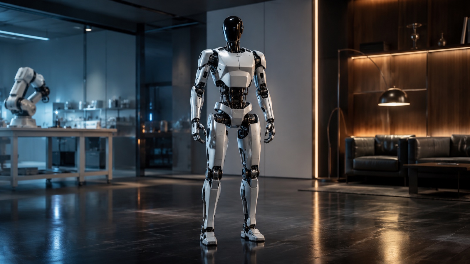 Humanoid robot standing in a high-tech studio with soft financial-floor ambient lighting, documentary B2B photography