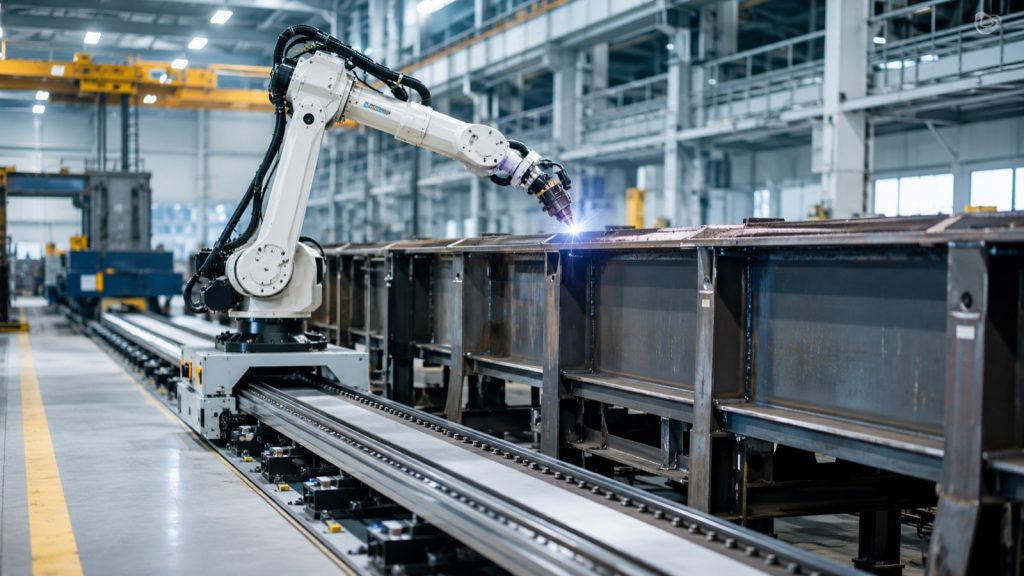 Six-axis industrial robot mounted on a long floor linear track traveling along a multi-meter workpiece in a modern factory