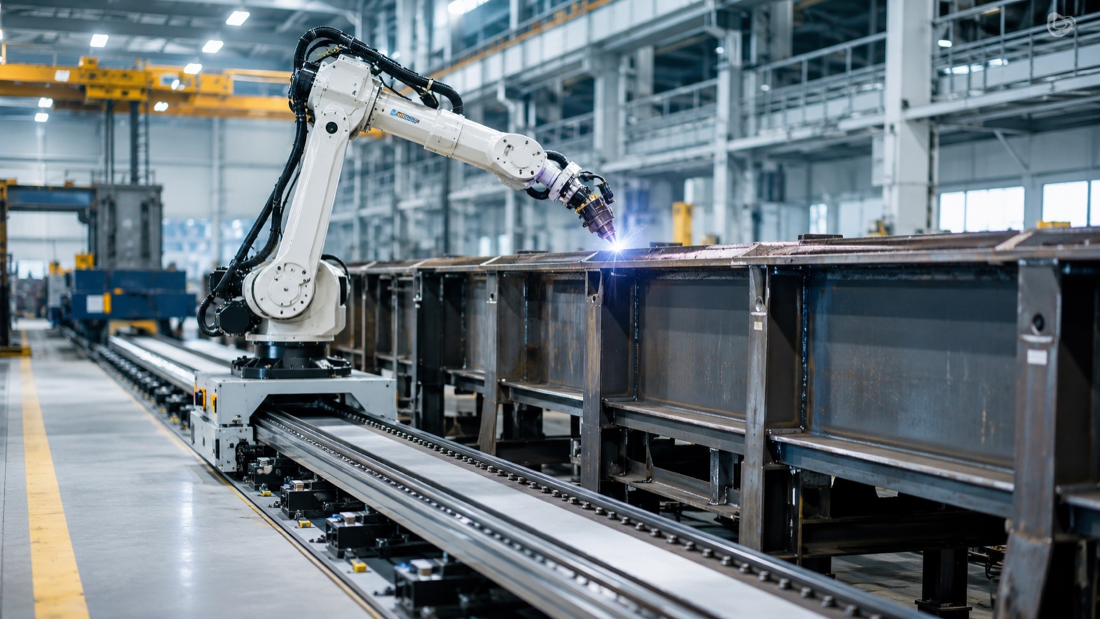 Six-axis industrial robot mounted on a long floor linear track traveling along a multi-meter workpiece in a modern factory