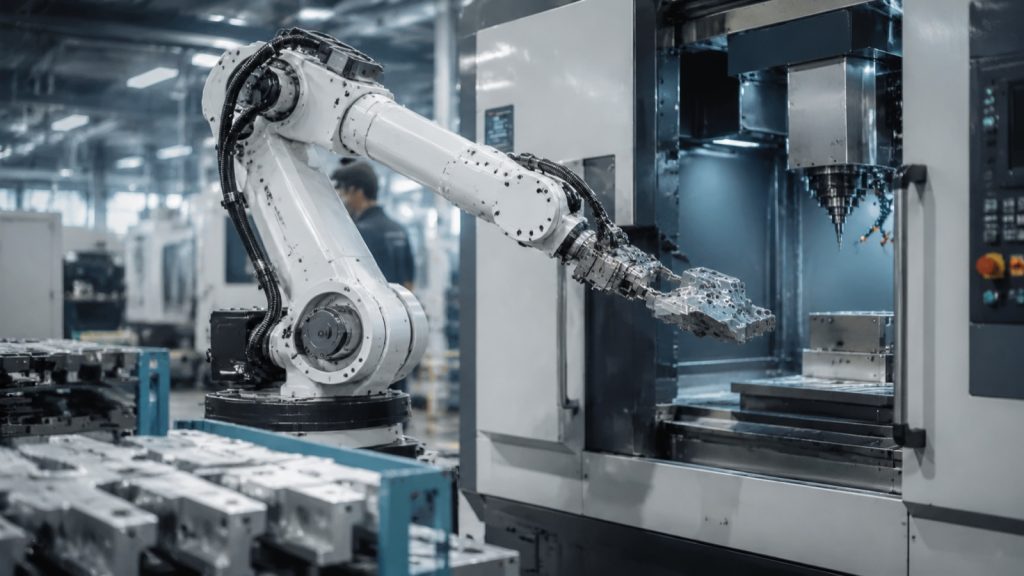 Six-axis industrial robot loading a metal part into a CNC machine, illustrating robot material handling