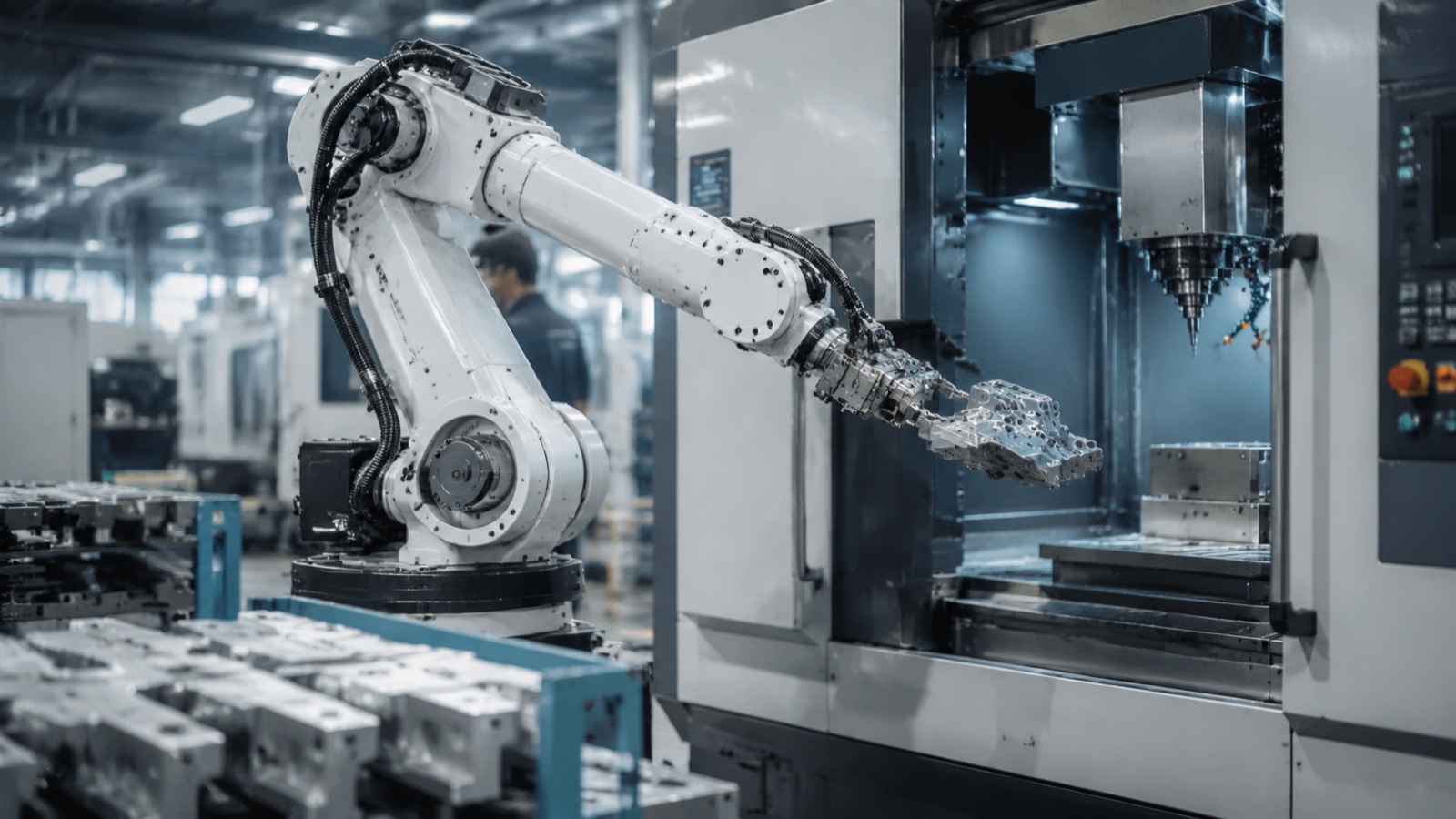 Six-axis industrial robot loading a metal part into a CNC machine, illustrating robot material handling