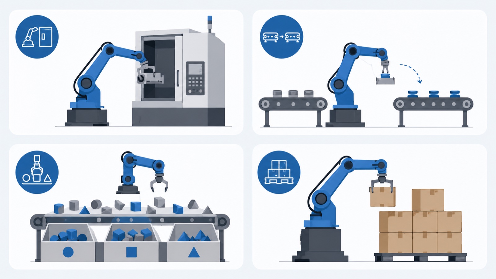 Flat diagram of four robot material handling tasks: machine tending, transfer, sorting, and palletizing