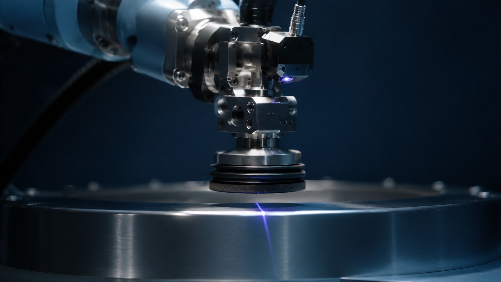 Vision-guided robot polishing — float head approaching workpiece with vision sensor above gripper