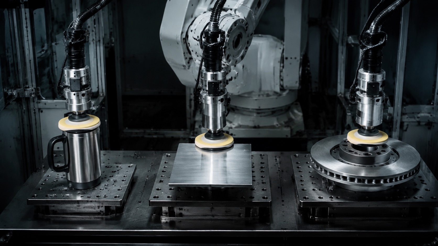 Three products on one polishing station — vacuum mug, steel plate, brake disc, same arm and float head