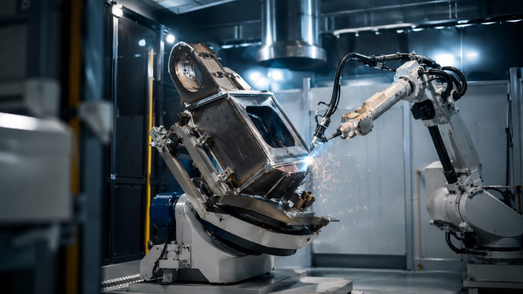 Two-axis welding positioner tilting a steel workpiece while a six-axis robot welds the seam in a modern robotic welding cell