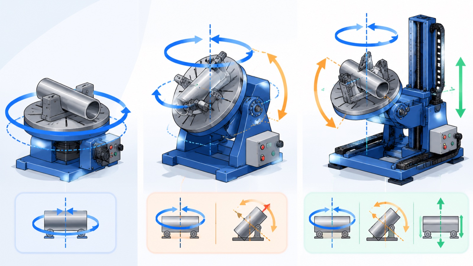 Flat diagram comparing single-axis, two-axis, and three-axis welding positioners by their rotation, tilt, and lift motion arrows