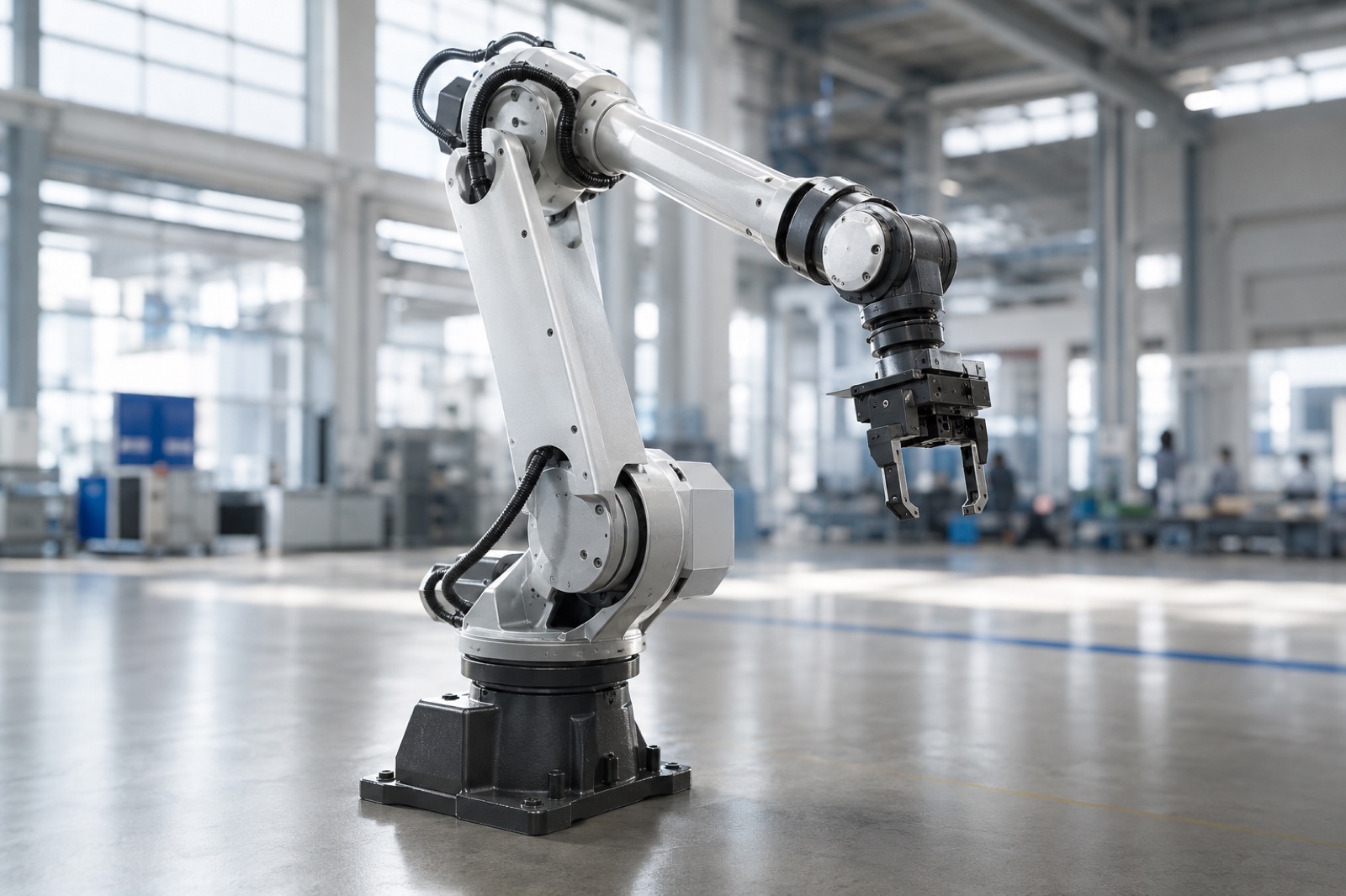 Six-axis industrial robotic arm showing its base, joints, links, wrist, and end effector