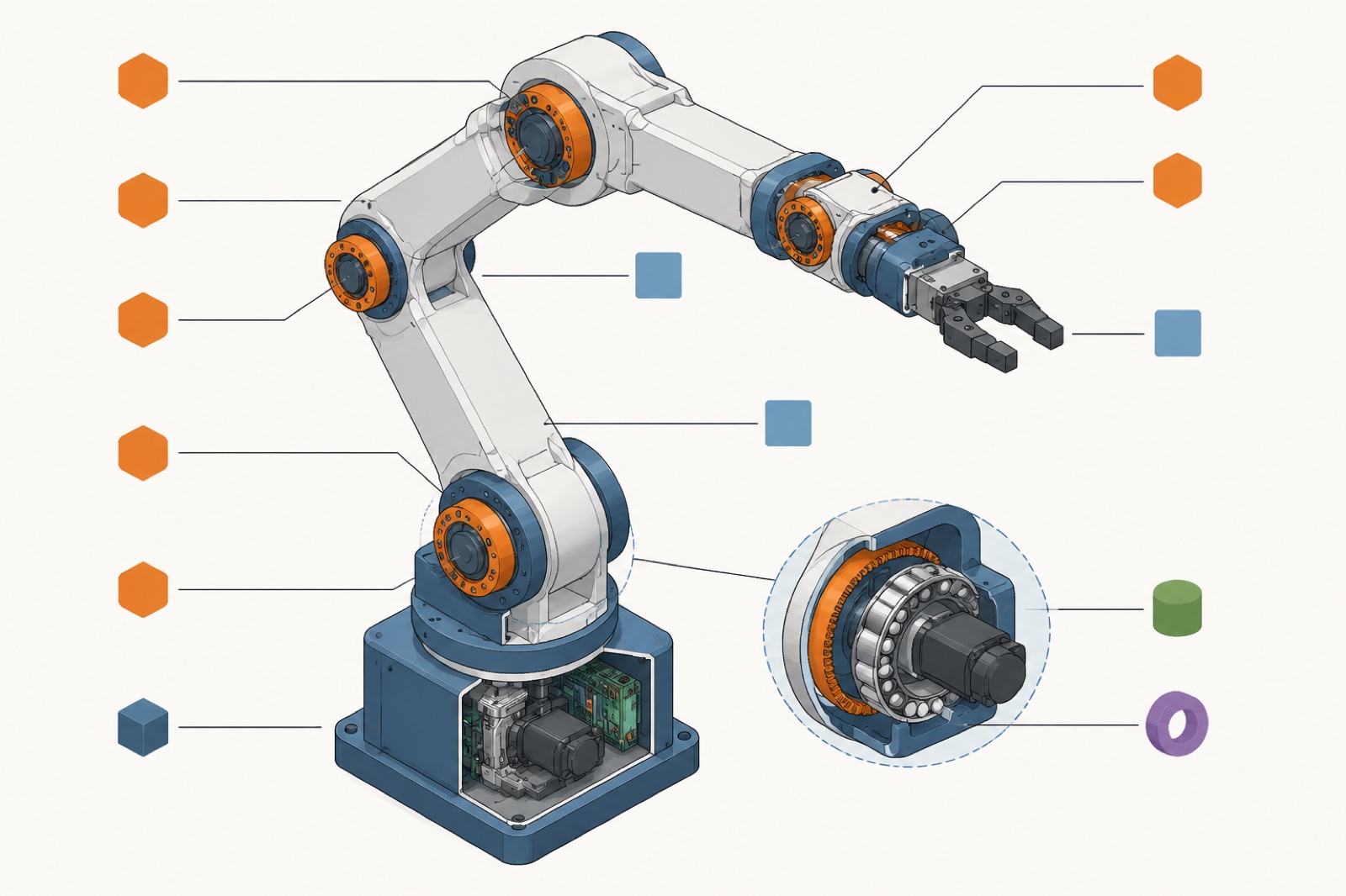 Exploded anatomy diagram of a robotic arm: base, rotary joints, links, servo motor, precision reducer, and end effector
