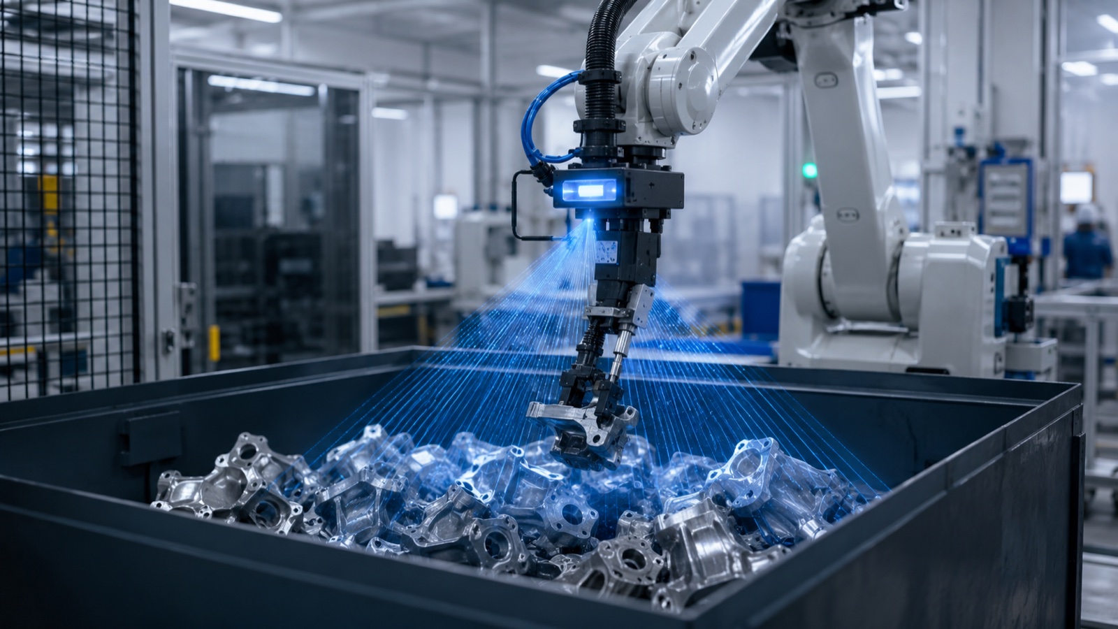 Industrial robot with a 3D vision sensor picking a single part from a bin of randomly piled metal parts