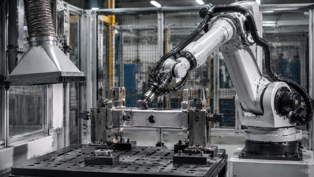 Robotic grinding workstation with fixture, extraction hood, and industrial robot