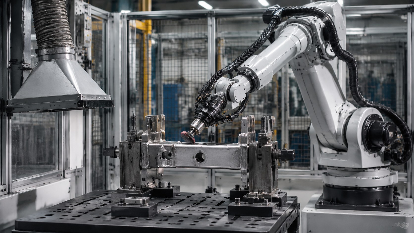 Robotic grinding workstation with fixture, extraction hood, and industrial robot