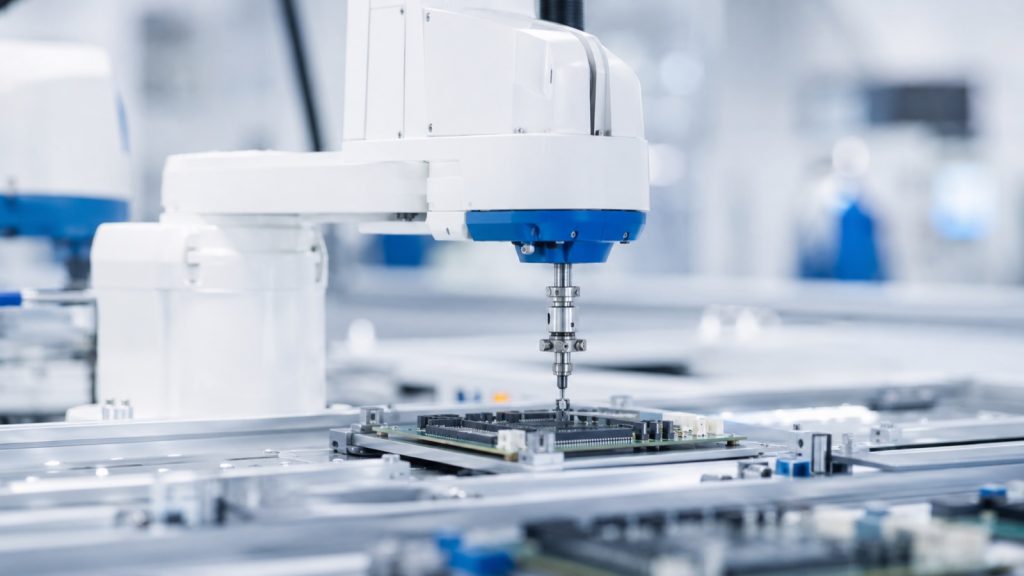 SCARA robot precisely placing a small component onto a circuit board on an electronics assembly line