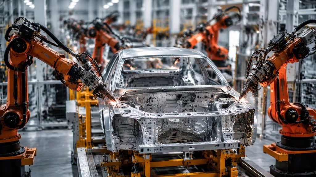 Row of six-axis robots spot-welding a car body shell on an automotive body-in-white line