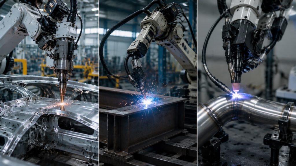 Three welding processes compared side by side: spot welding, MIG welding, and TIG welding by industrial robots