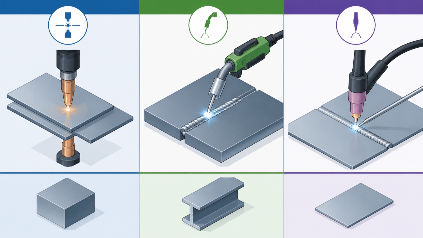 Comparison diagram of spot, MIG, and TIG welding processes showing electrode types and bead patterns