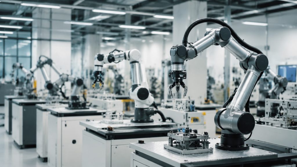 Several modern collaborative robot arms of different sizes working at clean workbenches in a bright factory