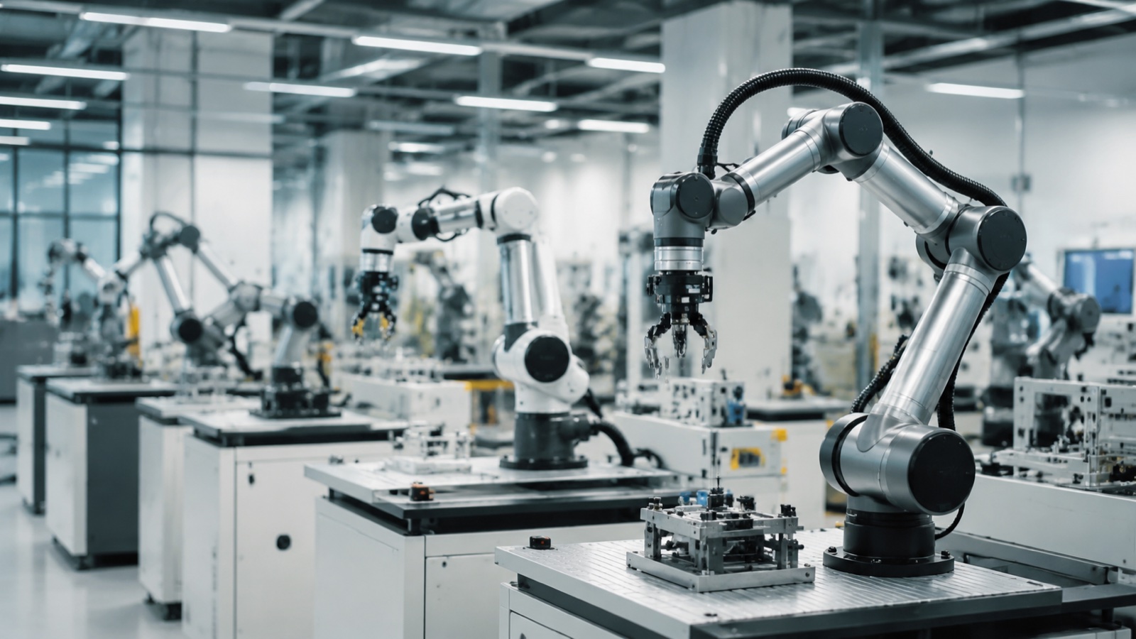 Several modern collaborative robot arms of different sizes working at clean workbenches in a bright factory