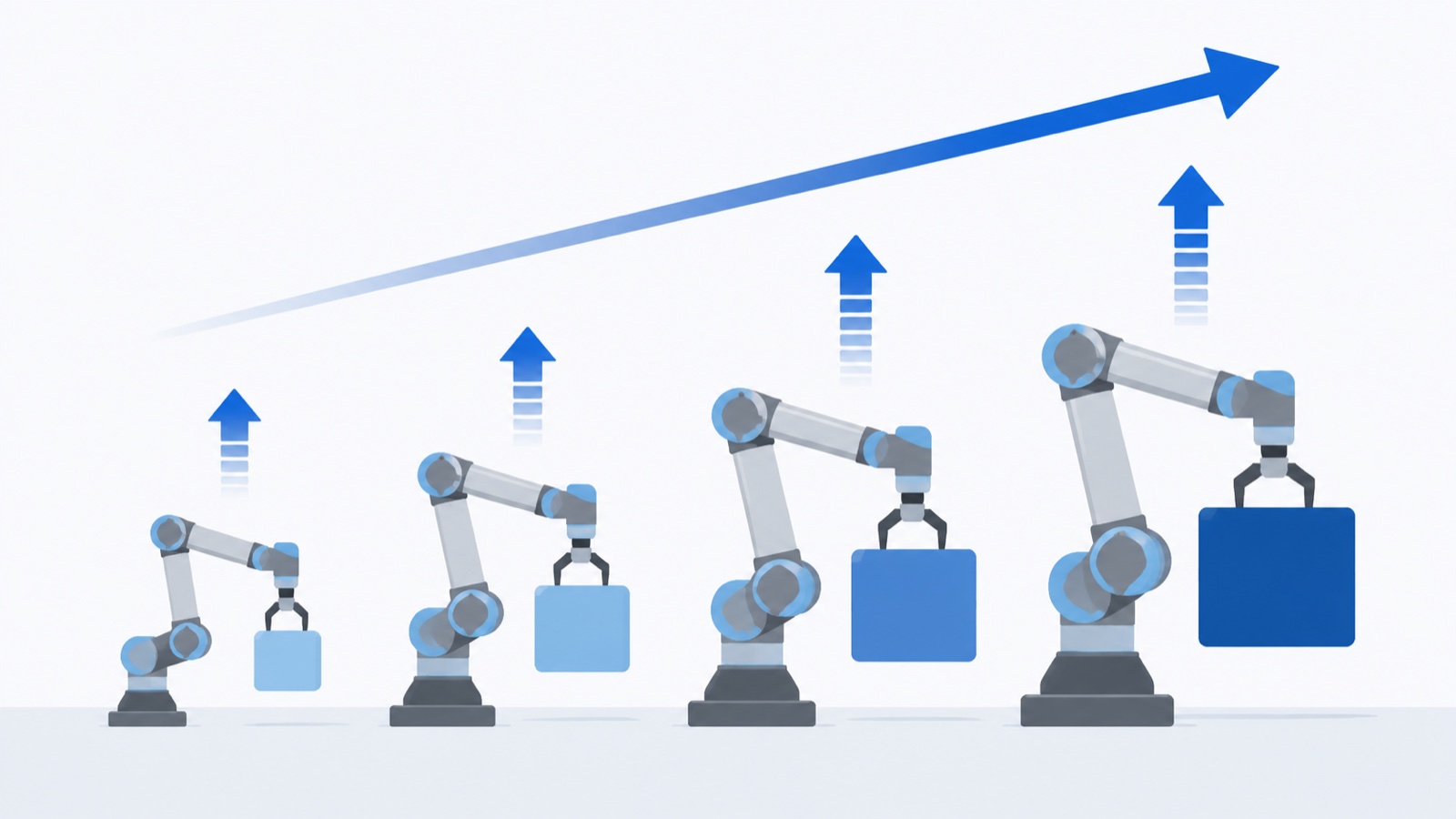 Flat diagram of a cobot payload spectrum showing four increasing arm sizes lifting larger loads
