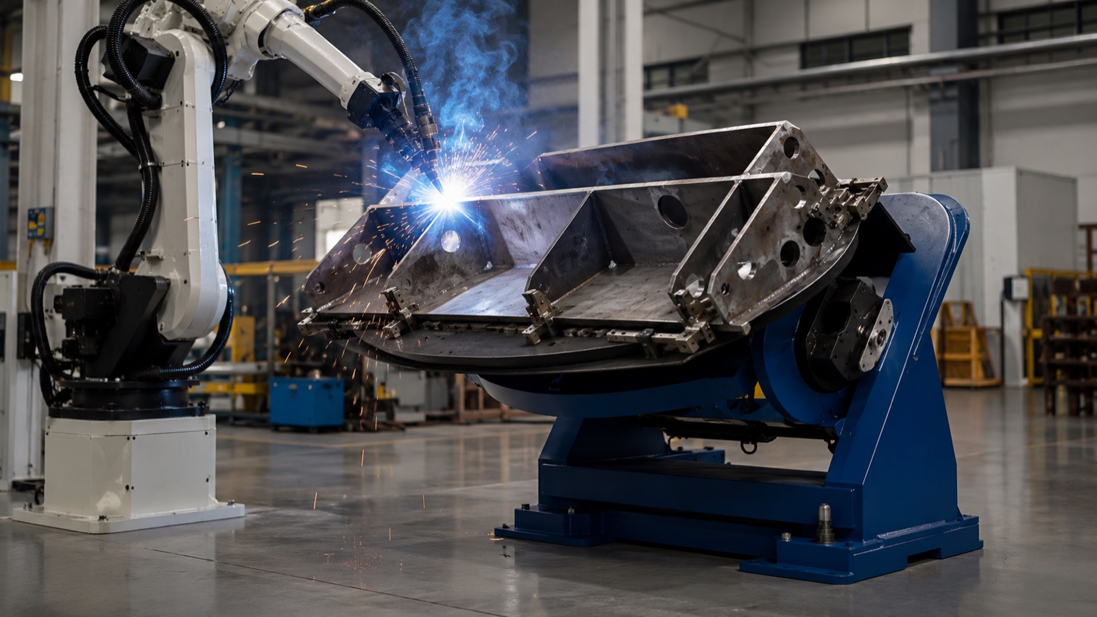 Two-axis welding positioner tilting a steel weldment to the flat position beside a welding robot in a workshop