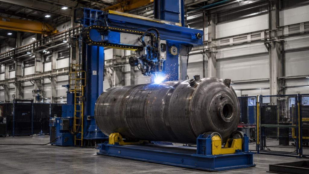 Column-and-boom welding manipulator welding a large vessel on a single-axis positioner in a fabrication workshop