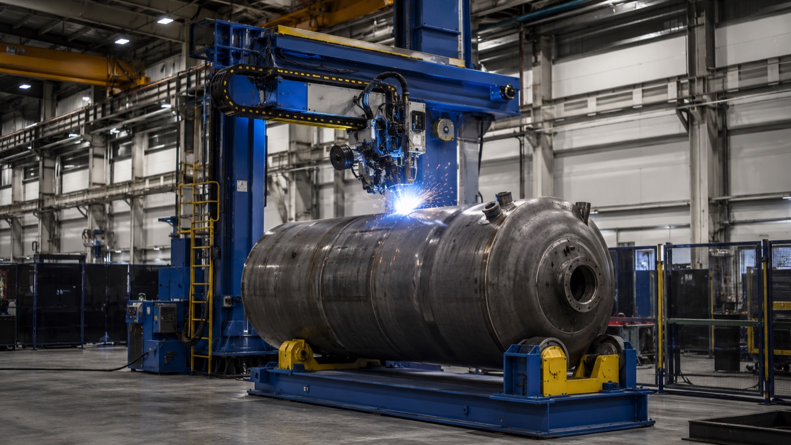 Column-and-boom welding manipulator welding a large vessel on a single-axis positioner in a fabrication workshop