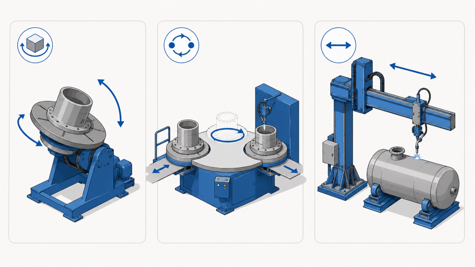 Diagram comparing a welding positioner, a two-station turntable, and a column-and-boom manipulator
