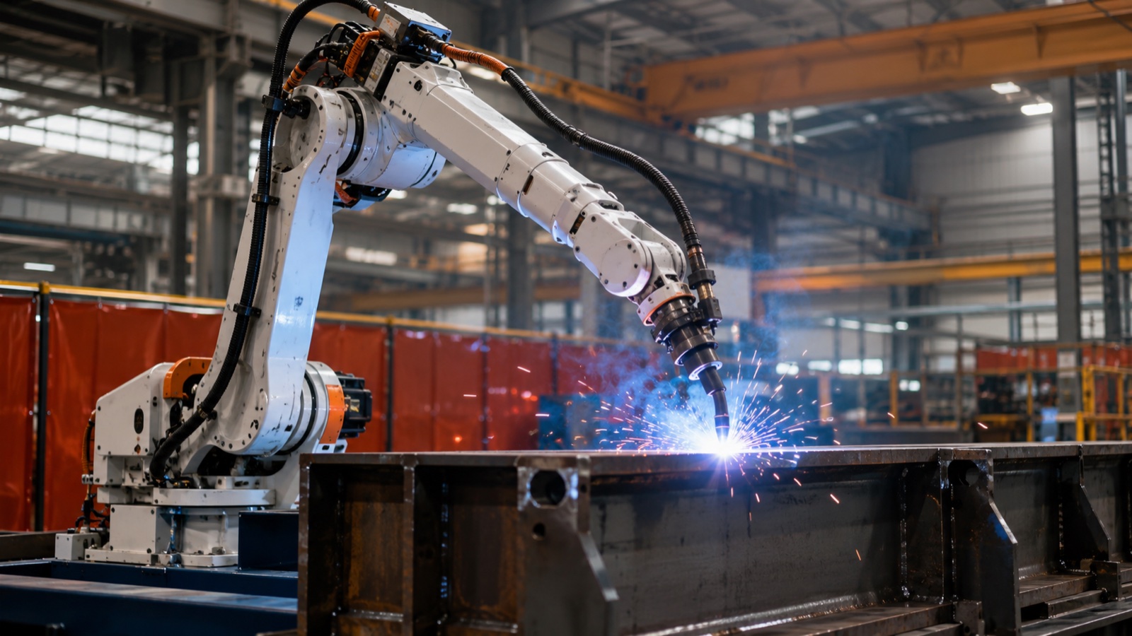 6-axis welding robot performing MIG welding on a heavy structural steel beam in a fabrication shop