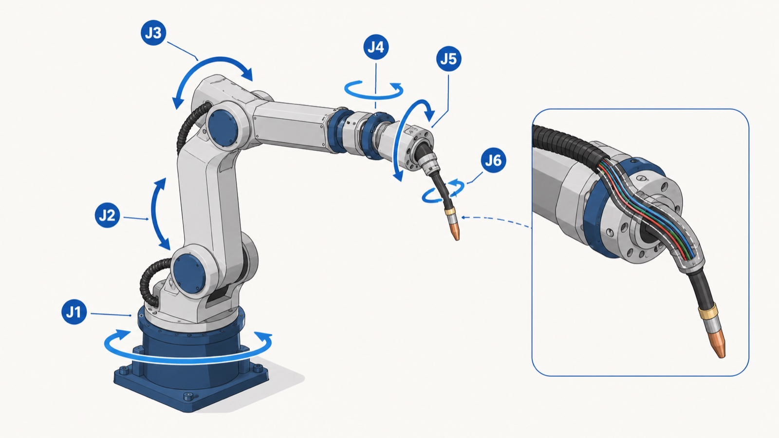 Diagram of 6-axis welding robot showing joints J1 through J6 with directional rotation arrows and hollow wrist cable routing