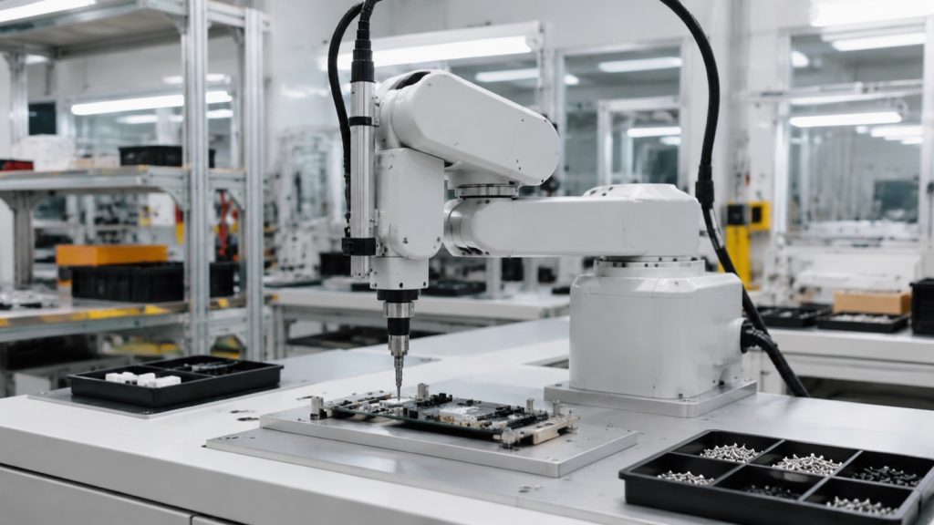SCARA robot arm performing a screw-driving operation on an electronics assembly line