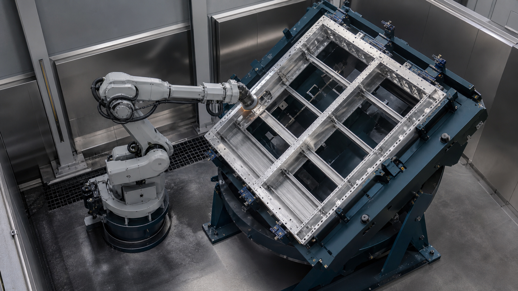 An industrial robot grinds the edge of a fixtured battery-tray frame in an enclosed manufacturing cell.