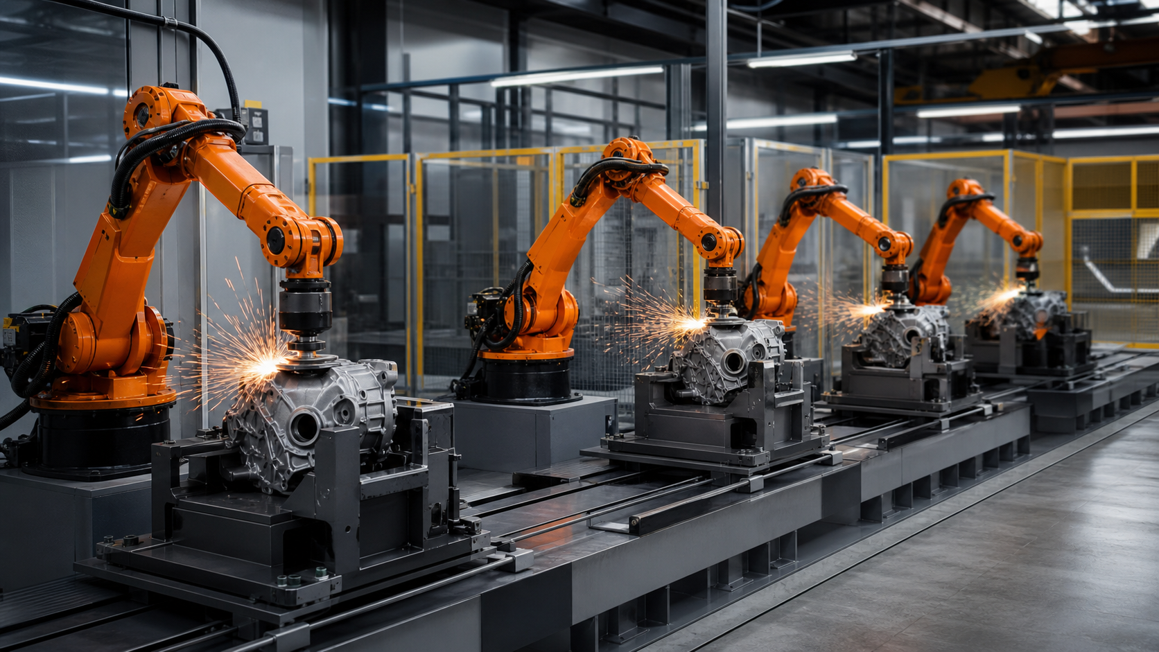 Four coordinated industrial robots grind separate metal housings across a multi-station production line.