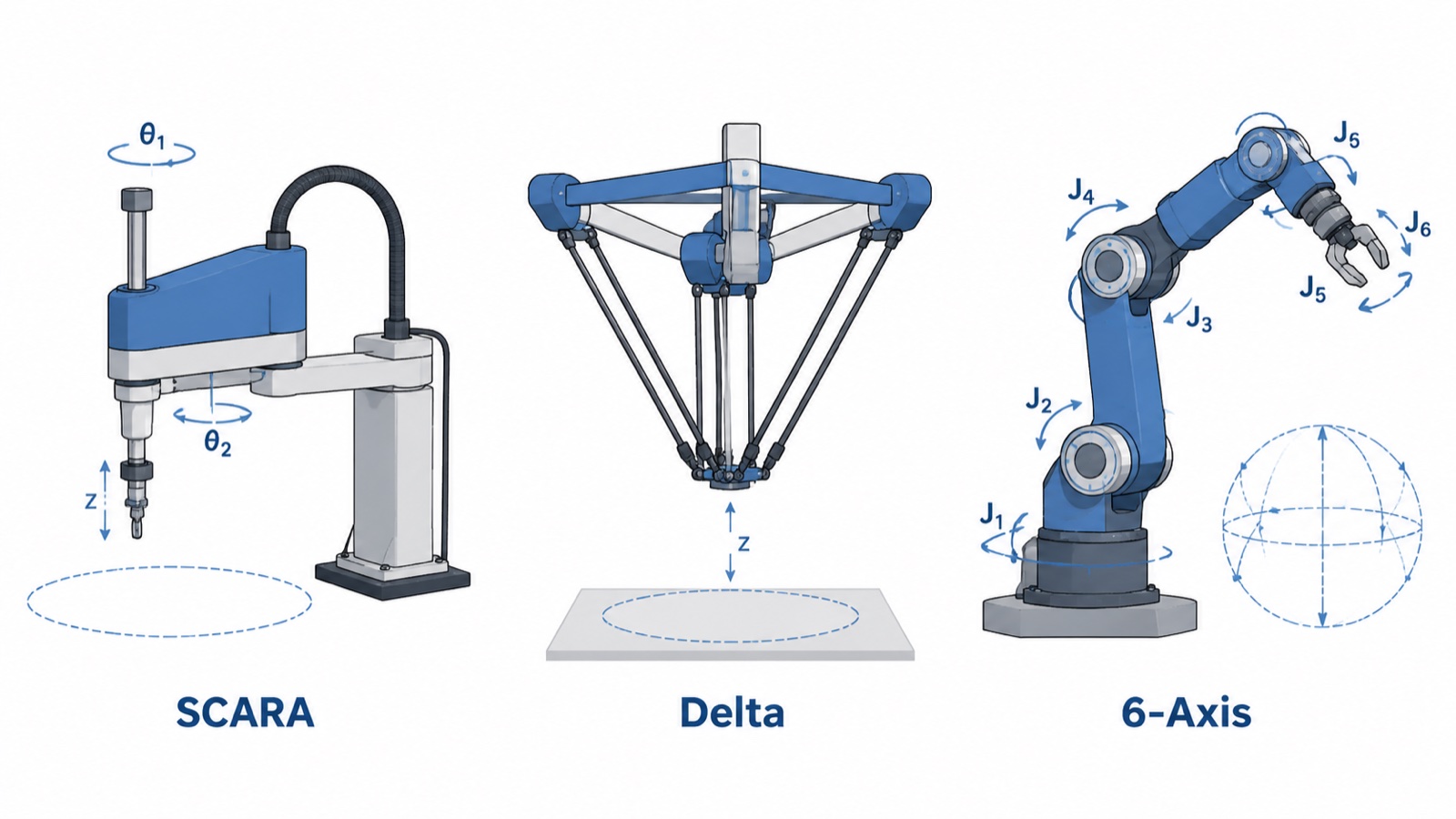 Diagram comparing SCARA, Delta, and 6-axis robot arm geometries and motion planes