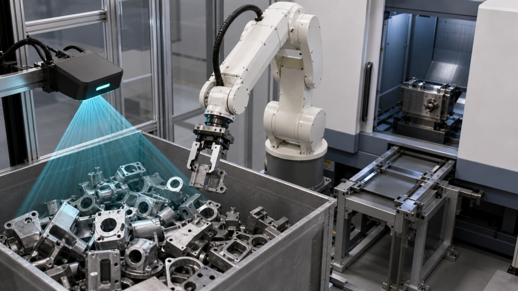 Editorial industrial automation illustration for 3D Vision Machine Tending: Grasp and Handoff Guide