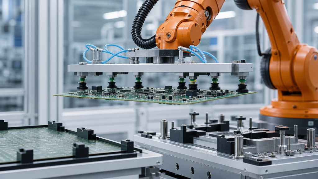 Editorial industrial automation illustration for Robotic Electronics Board Handling: Support and Place