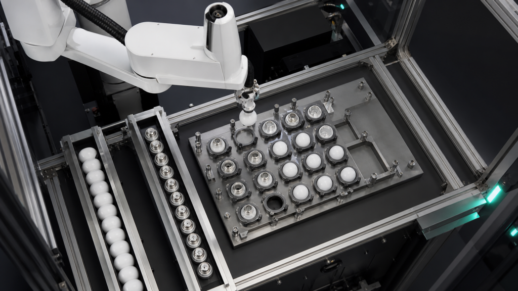 Editorial industrial automation illustration for Lighting Assembly Automation: Fixture, Handoff, Recovery