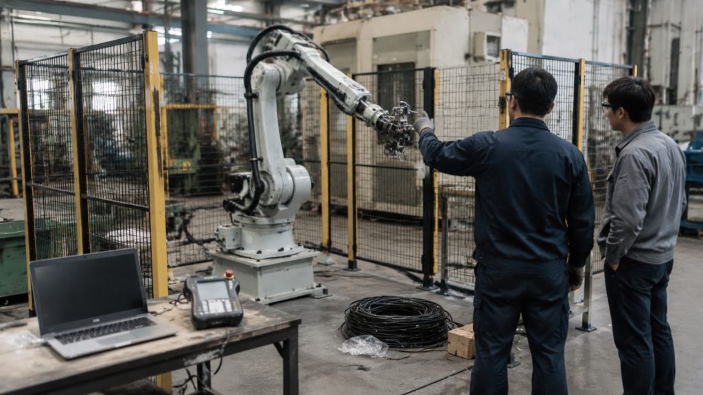 Engineers standing beside a partly commissioned industrial robot cell on a factory floor, safety fencing still being installed