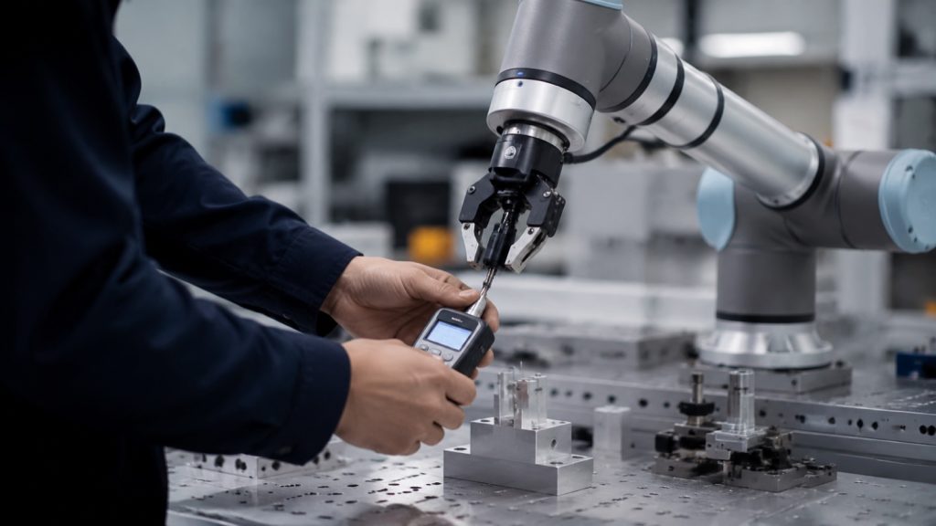 Technician measuring contact force and pressure at a collaborative robot gripper during a power and force limiting validation test