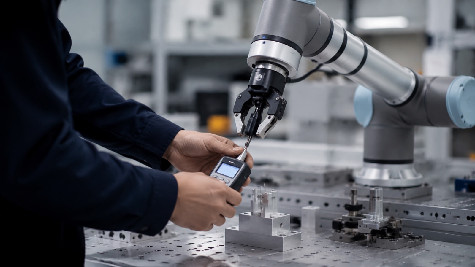 Technician measuring contact force and pressure at a collaborative robot gripper during a power and force limiting validation test