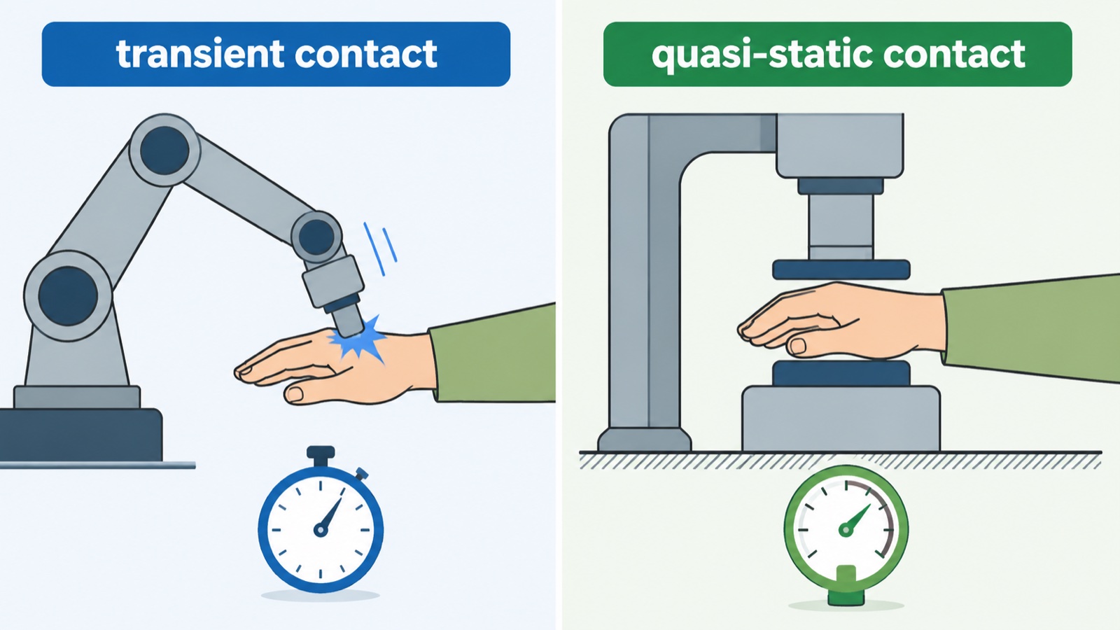 Diagram contrasting transient contact impact testing with quasi-static clamping contact testing for ISO/TS 15066 validation