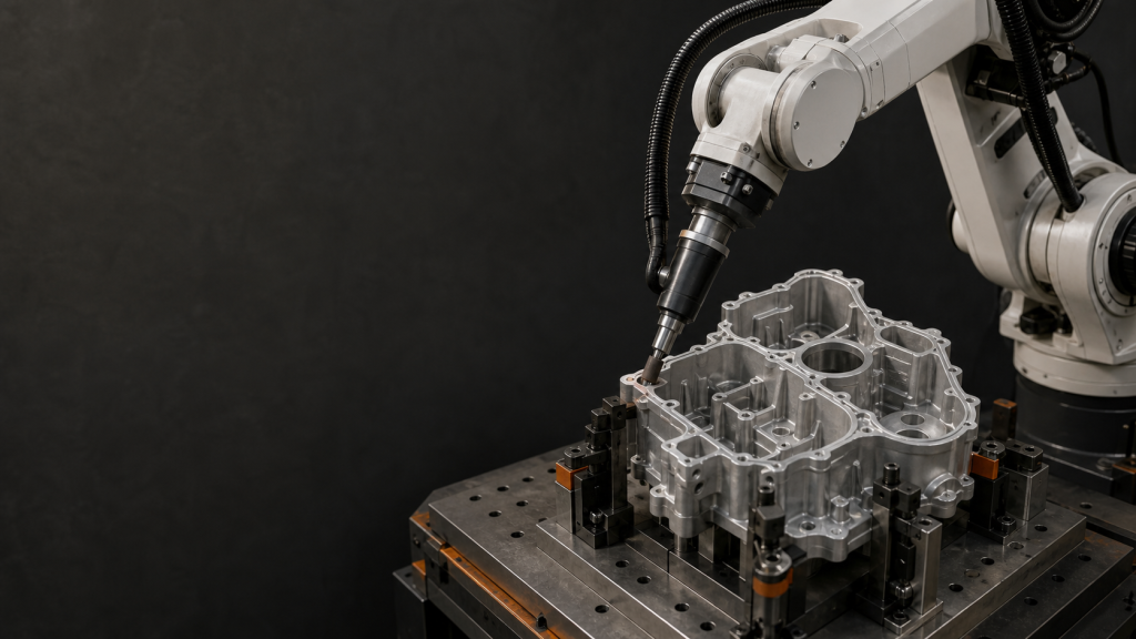 Industrial robot using a rotary deburring tool on a fixtured aluminum casting with several contour edges visible