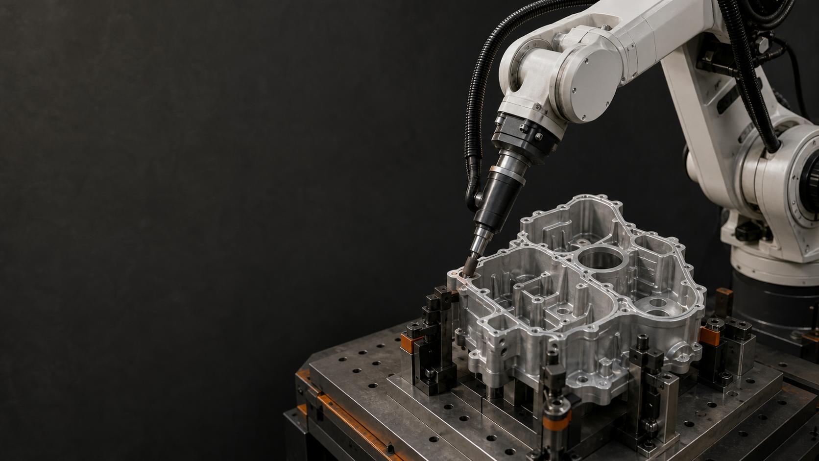 Industrial robot using a rotary deburring tool on a fixtured aluminum casting with several contour edges visible