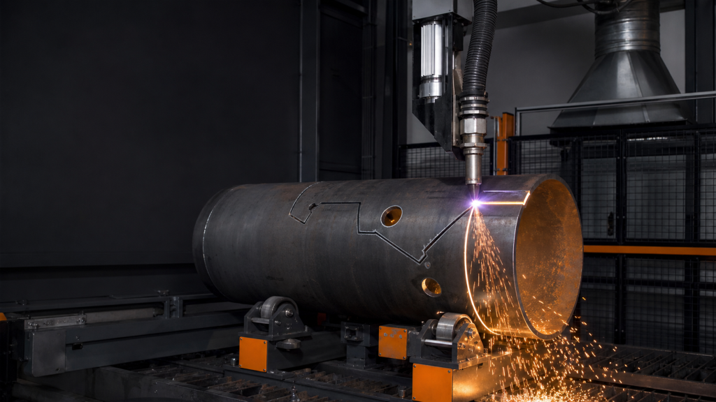 Automated plasma torch cutting a fixtured cylindrical steel workpiece with a controlled stream of sparks