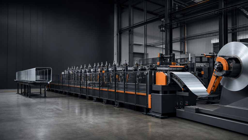 Automated sheet loading and roll-forming line handling a wide metal sheet in an industrial workshop