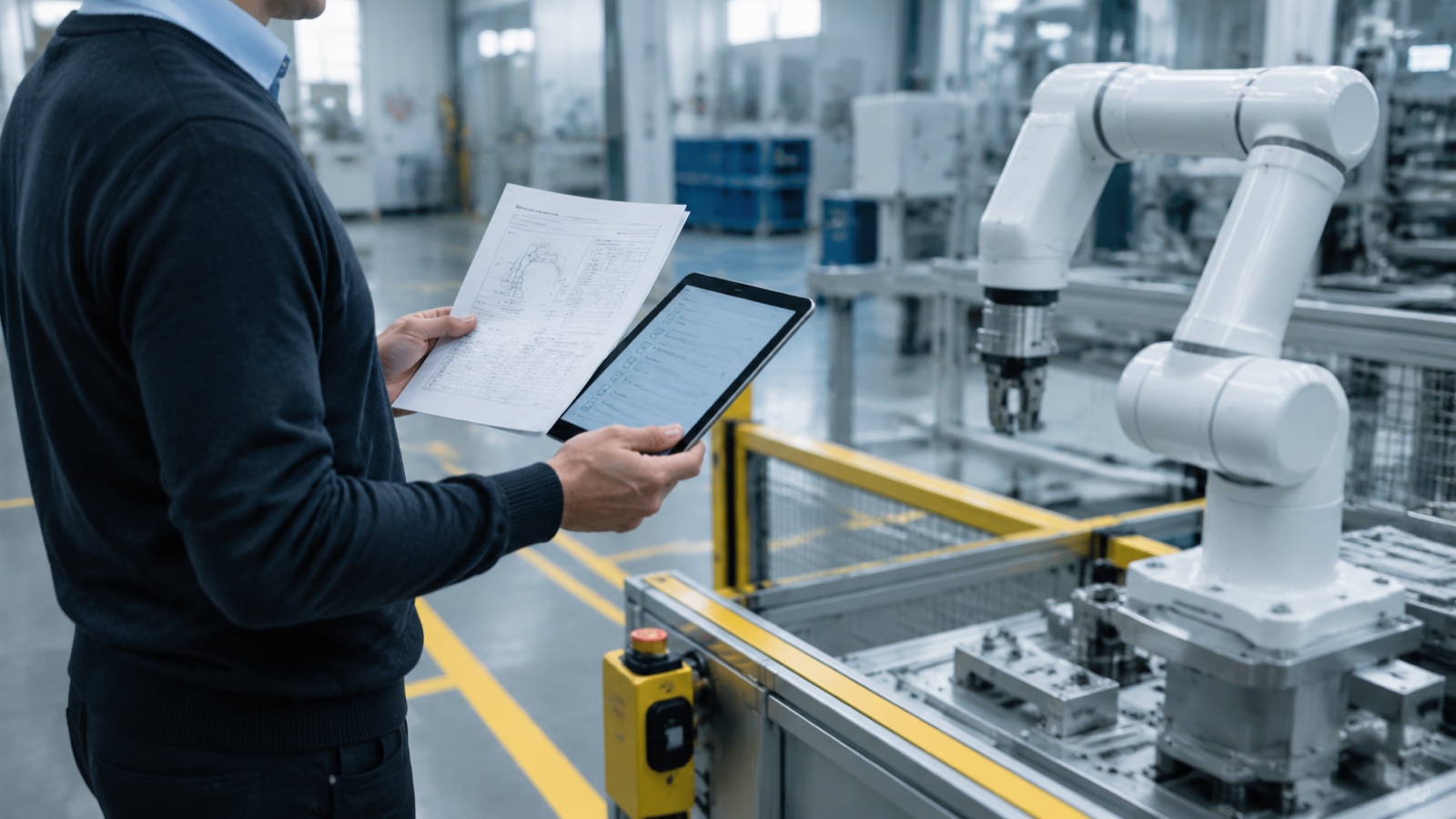Safety compliance reviewer checking a collaborative robot cell against updated ISO 10218 documentation