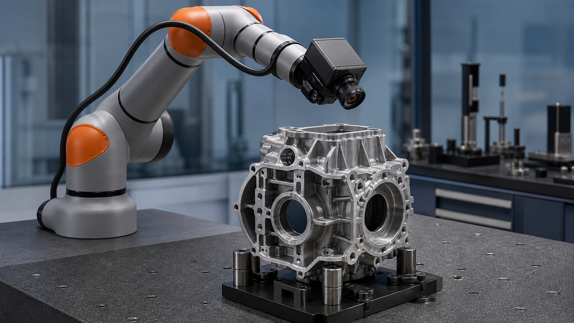 Collaborative robot positioning a camera around a complex metal housing for multiple views