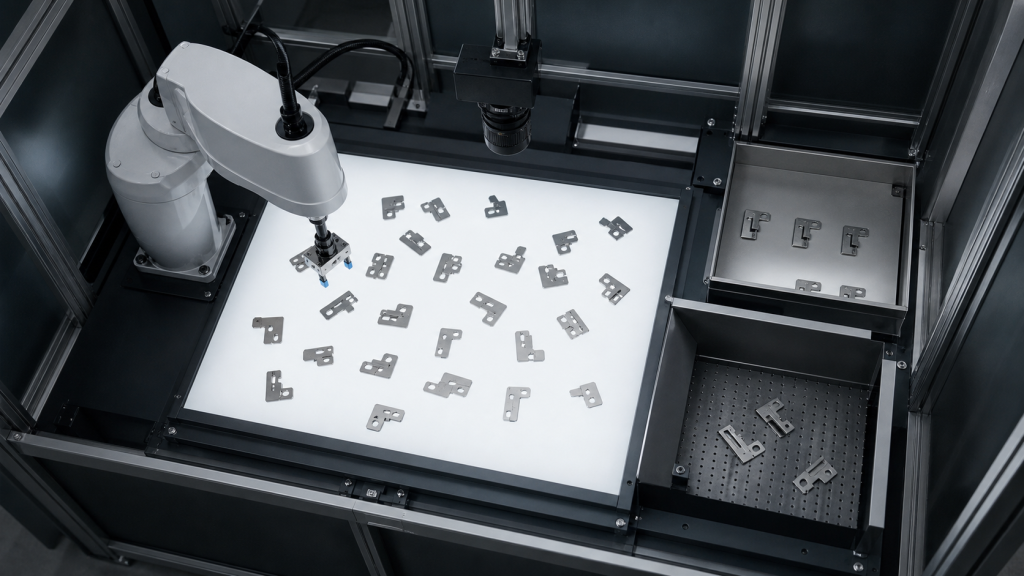 Editorial industrial automation illustration for SCARA Vision Sorting: Coordinate Mapping and Pick Proof