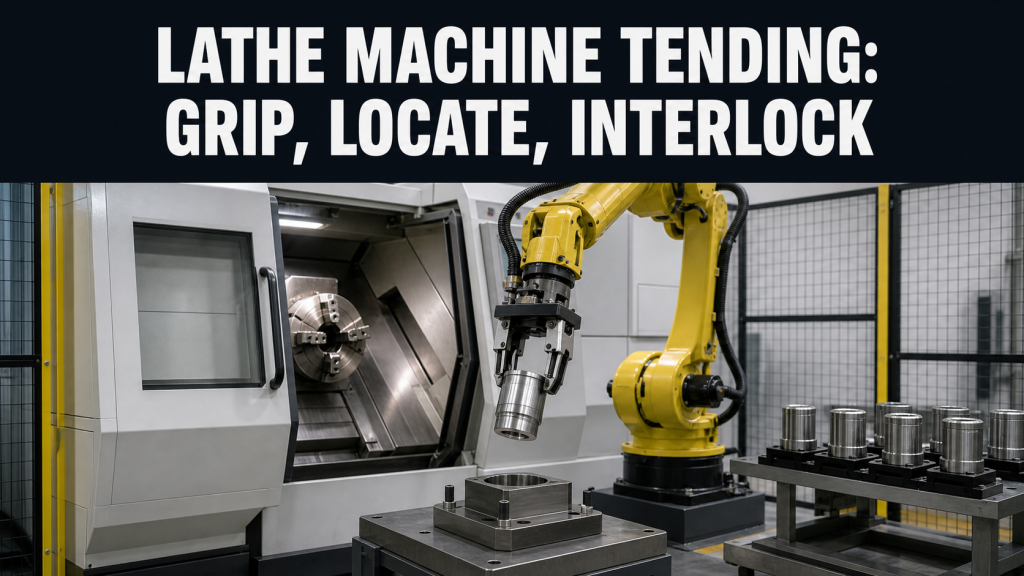 Editorial industrial automation illustration for Robotic Lathe Tending Interlocks: Chuck, Door, Part