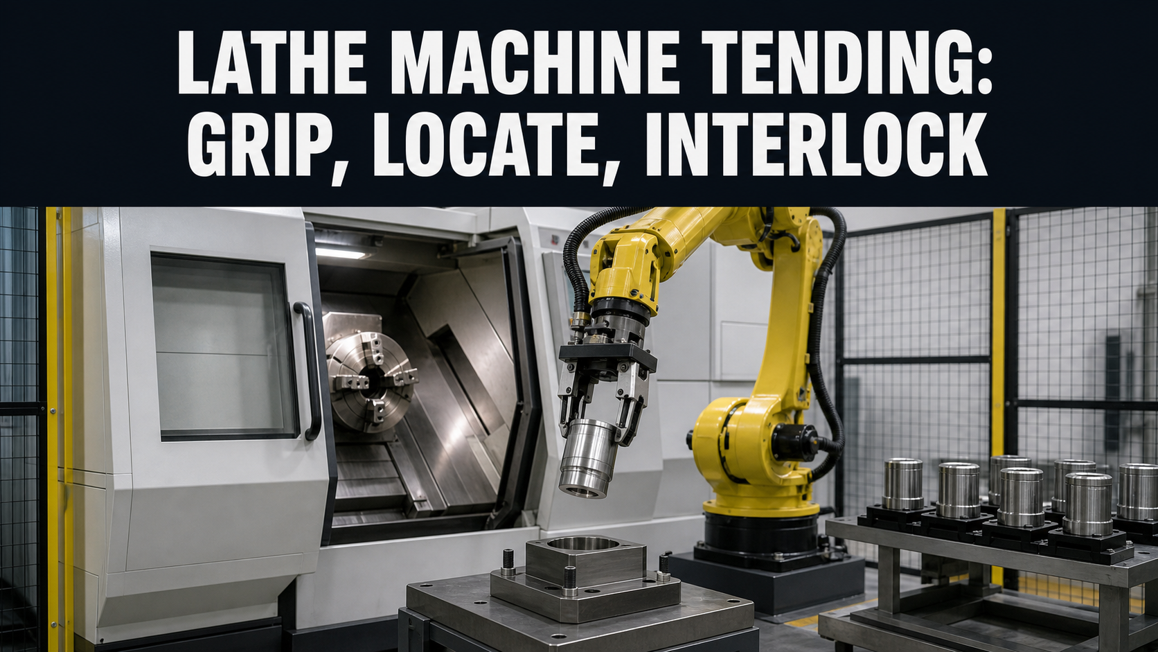 Editorial industrial automation illustration for Robotic Lathe Tending Interlocks: Chuck, Door, Part
