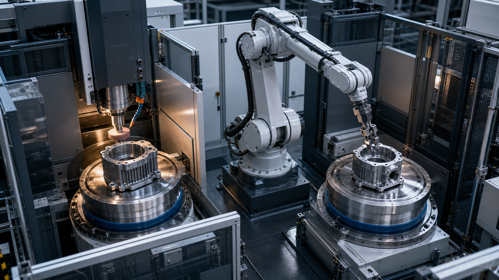 Editorial industrial automation illustration for Motor Housing Dual-Station Grinding: Balance the Cell