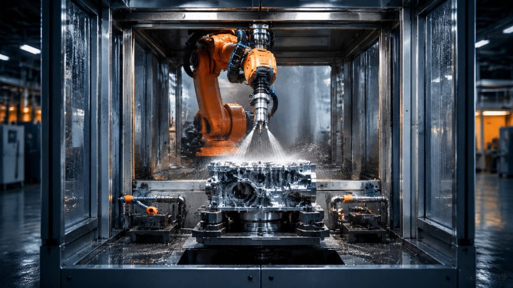 Engine Blow-Off Cleaning Robot Cell: Nozzle Path, Drain Window, And Safety Isolation